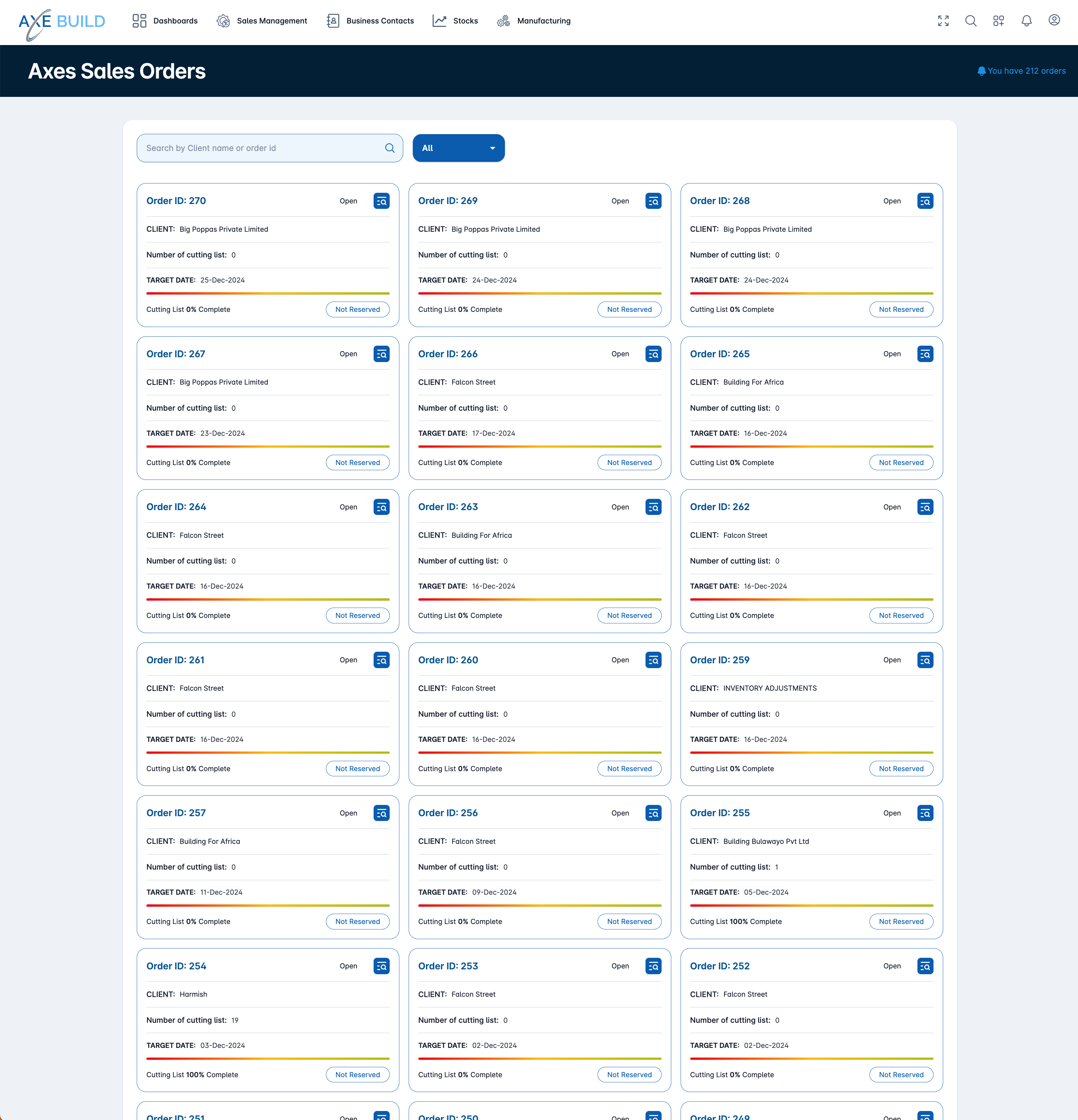 A manufacturing sales order and stock management screen