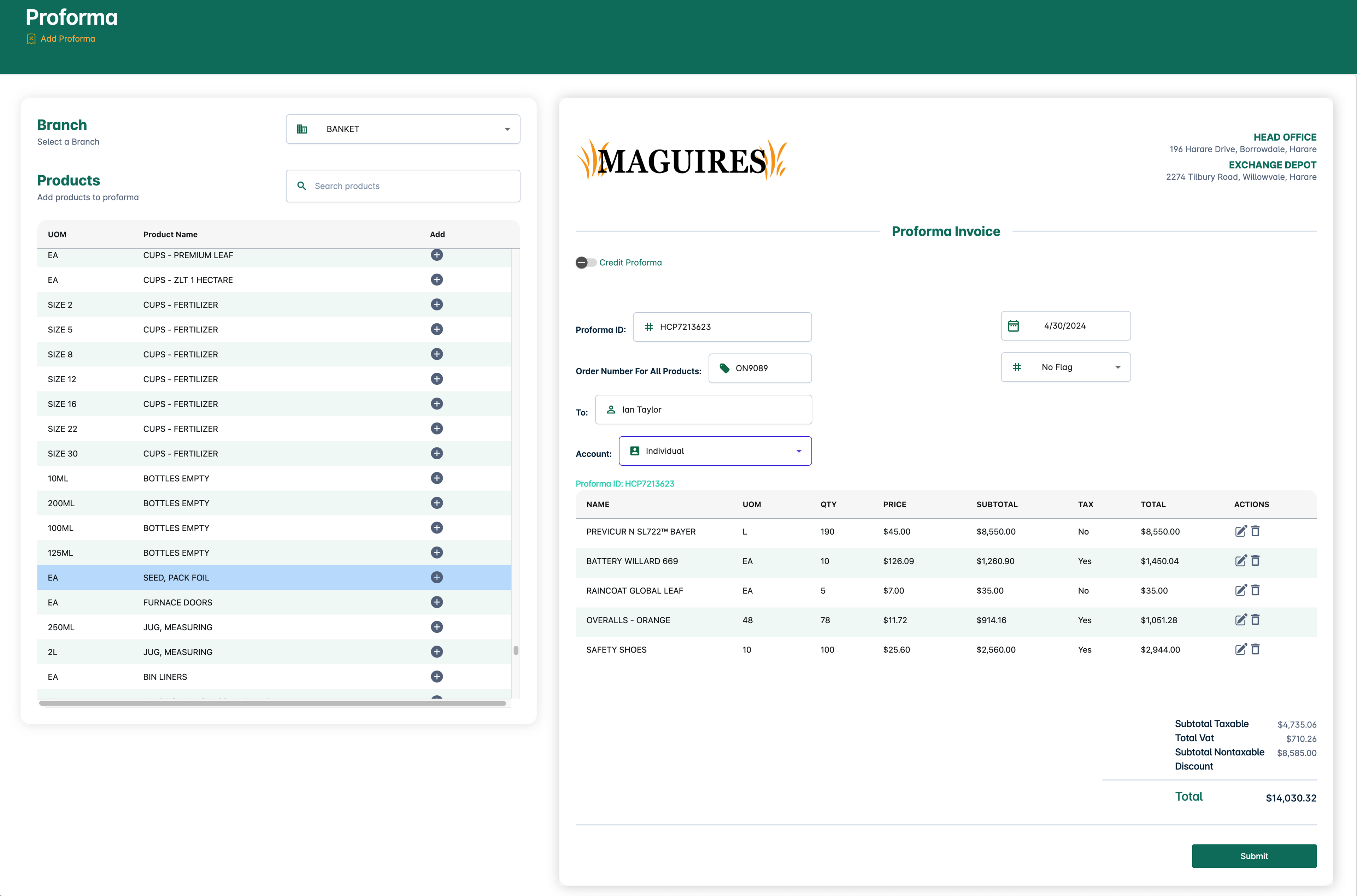 Custom proforma invoicing and stock control system