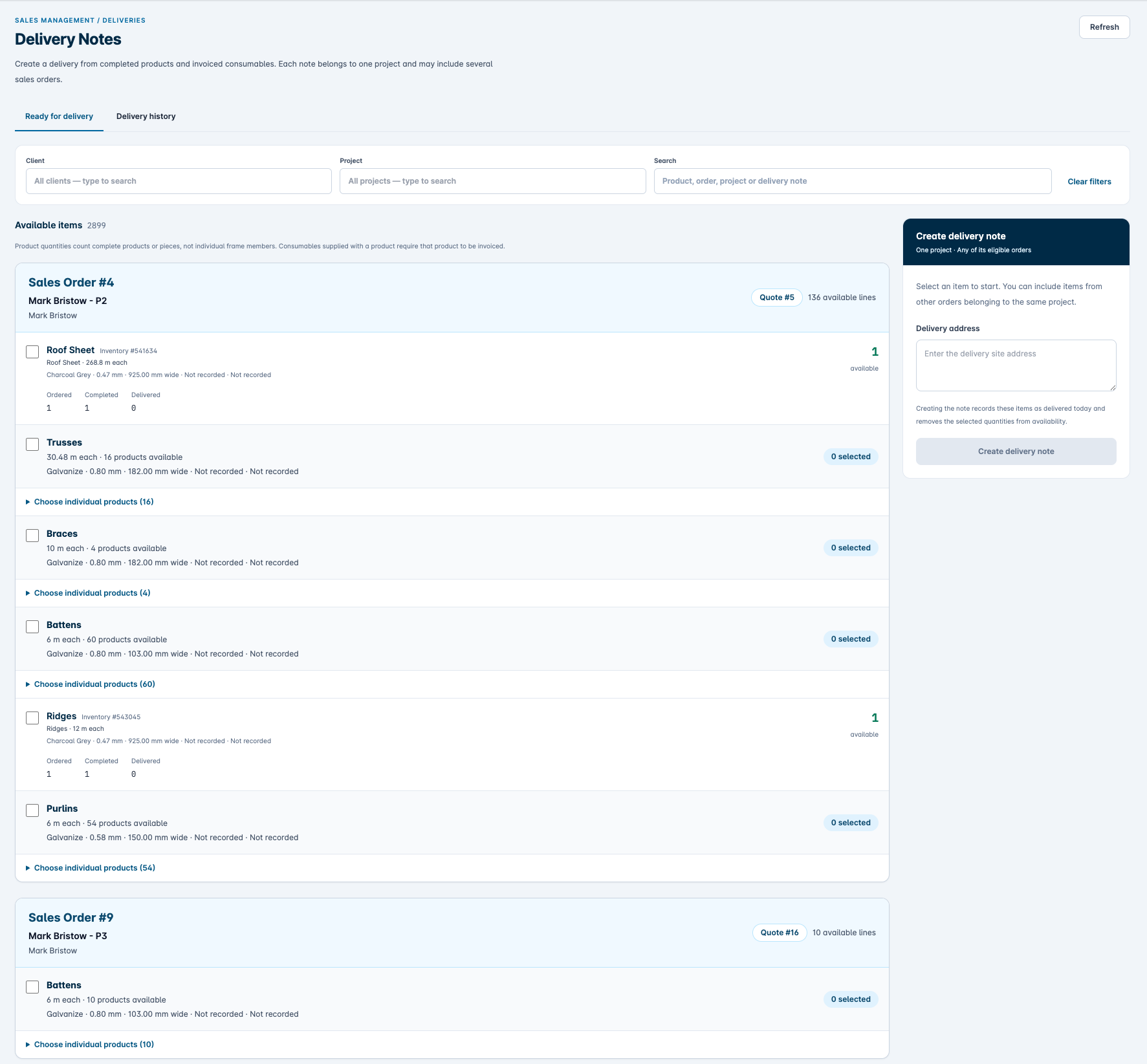 AXE delivery note workspace showing available products and delivery selection
