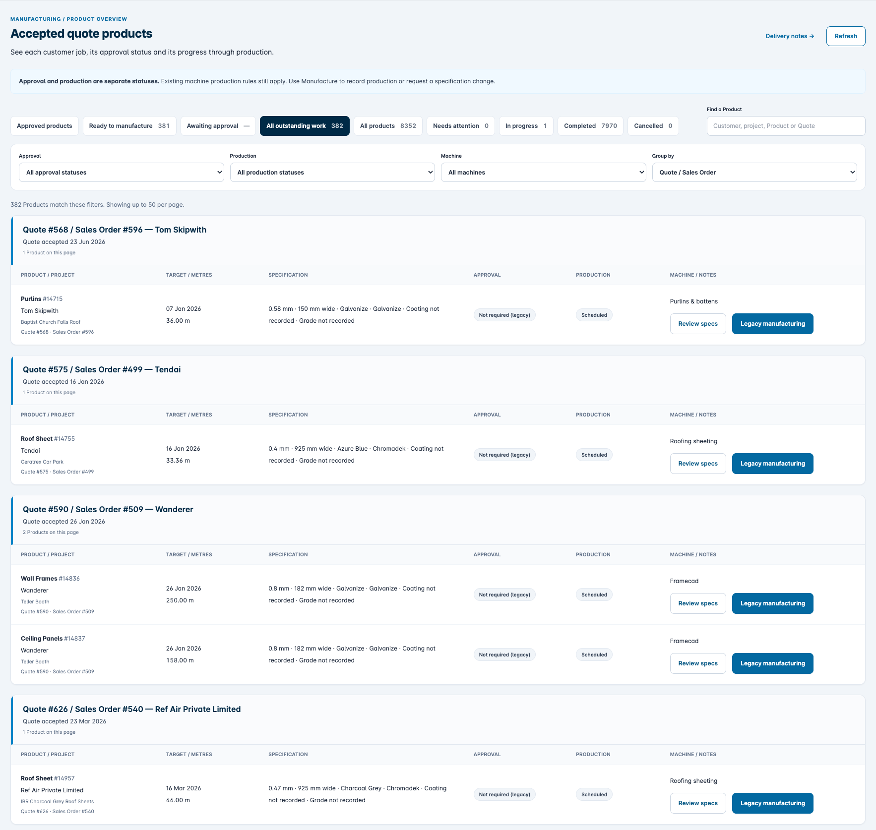 AXE manufacturing planning screen listing upcoming products, specifications and production status