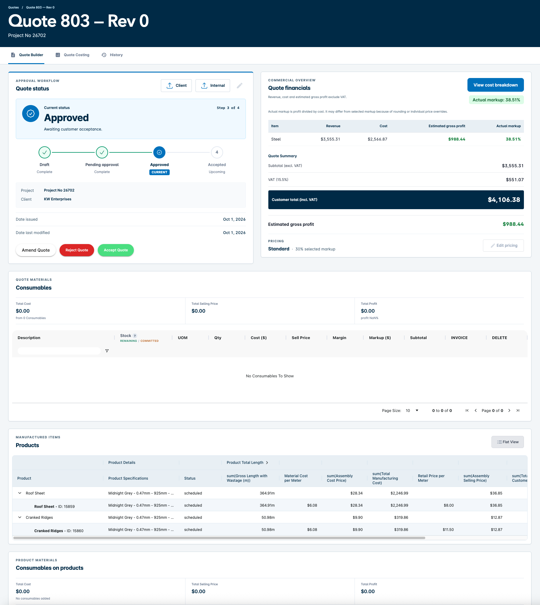 AXE quote builder showing approval status, costing and product specifications