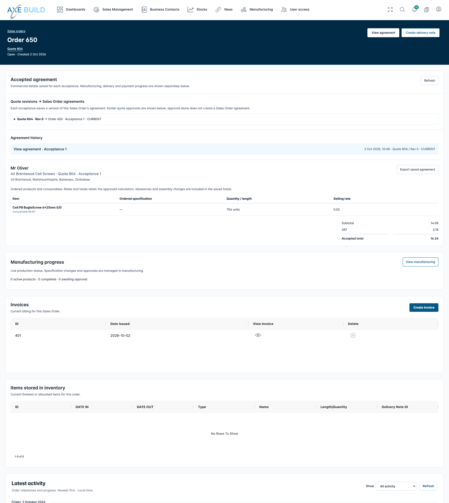 AXE sales order showing the accepted agreement, manufacturing progress and invoices